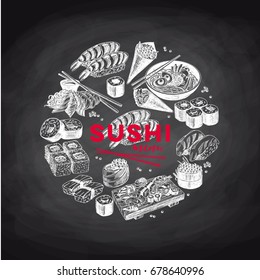 Vintage vector hand drawn Japanese food sketch Illustrations set. Retro style. Sushi bar menu.
