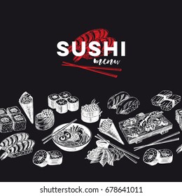 Vintage vector hand drawn Japanese food sketch Illustration.. Retro style Seamless border. repeating background. Sushi bar menu. Chalkboard design.