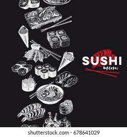 Vintage vector hand drawn Japanese food sketch Illustration.. Retro style Seamless border. repeating background. Sushi bar menu. Chalkboard design.