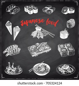 Vintage vector hand drawn Japanese food sketch Illustrations set. Retro style. Sushi bar menu.
