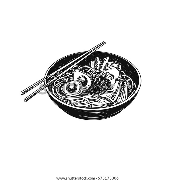 ビンテージベクター手描きの和食のスケッチイラスト レトロなスタイル すしバー みそ汁 ラーメン のベクター画像素材 ロイヤリティフリー