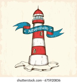 Vintage vector hand drawn lighthouse. Summer sea adventure.  Sketch. Vector engraving illustration. Can be used as icon, logo, print on fabric, for poster yacht club.