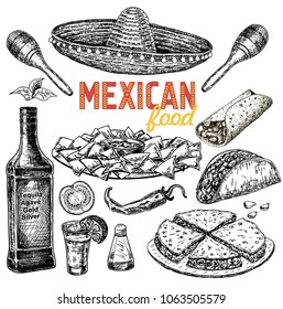 Vintage vector hand drawn mexican food sketch Illustration. Retro style menu template design.