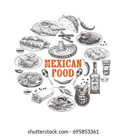 Vintage vector hand drawn mexican food sketch Illustration. Retro style menu design. 