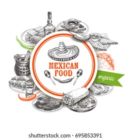 Vintage vector hand drawn mexican food sketch Illustration. Retro style menu template design.