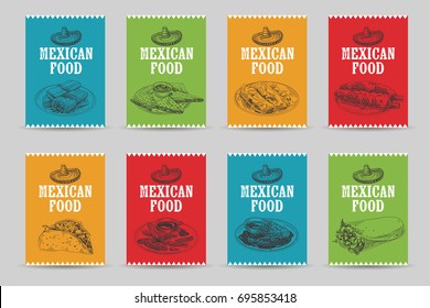 Vintage vector hand drawn mexican food sketch Illustrations set. Retro style cards. Menu template. 