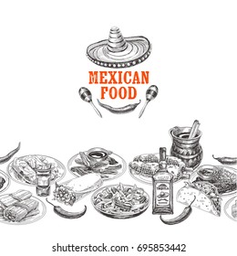 Vintage vector hand drawn mexican food sketch Illustration. Retro style Seamless border. repeating background. Menu template design.