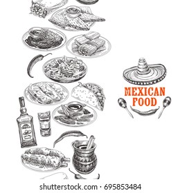 Vintage vector hand drawn mexican food sketch Illustration. Retro style Seamless border. repeating background. Menu template design.