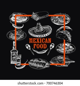 Vintage vector hand drawn mexican food sketch Illustration. Retro style menu design. Chalkboard design.