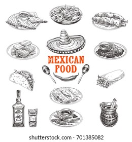 Vintage vector hand drawn set. Mexican food sketch Illustration. Retro style menu design. 