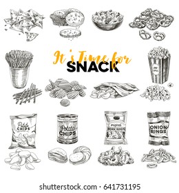 Vintage vector hand drawn snack and junk food sketch Illustrations set. Retro style. Chips,nuts, popcorn.
