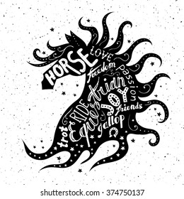 Vintage vector hand drawn typography poster with horse head and words silhouette. Grunge texture. Label, T-shirt design, decor elements, postal or greeting cards with lettering. 