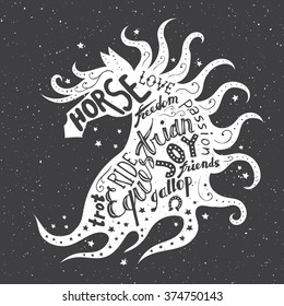 Vintage vector hand drawn typography poster with horse head and words silhouette. Grunge texture. Label, T-shirt design, decor elements, postal or greeting cards with lettering. 