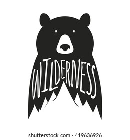 Vintage vector hand drawn typography poster with black bear and mountains. Wilderness.  Inspirational and motivational illustration with lettering