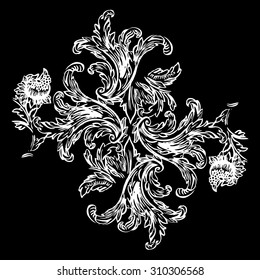 Vintage Vector hand-drawn illustration with detail of baroque ornament. Abstract Floral Background. Flowers.