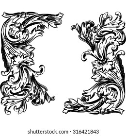 Vintage Vector hand-drawn illustration with detail of baroque ornament. Frame. Abstract Floral Background. Flowers.