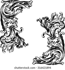Vintage Vector hand-drawn illustration with detail of baroque ornament. Frame. Abstract Floral Background. Flowers.