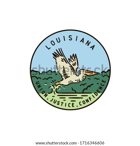 Vintage vector handmade round label. Louisiana. Cormorant