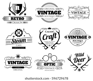 Vintage vector hipster logos and labels set with deer horns