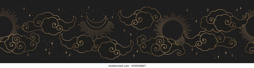 Vintage vector horizontal seamless pattern with gold abstract sun, moon, stars and clouds isolated on black background. Mystical Illustration for print, fabric, brochure, card, wallpaper