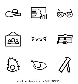 vintage vector icons. Set of 9 vintage outline icons such as woman hat, trailer, party flag, photo, chicken, sunglasses, extinct sea creature