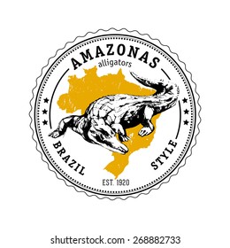 Vintage vector illustration - Amasonas Brazil style label with alligator