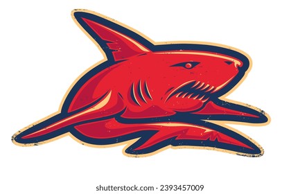 Vintage vector illustration of angry red shark. Retro vector logo of shark for sport team.