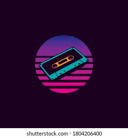 Vintage vector illustration. Audio cassette against the background of a sunset in the retro style of the 80's. t-shirt design.