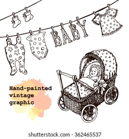 Vintage vector illustration Baby. Illustration for greeting cards, invitations, and other printing projects.