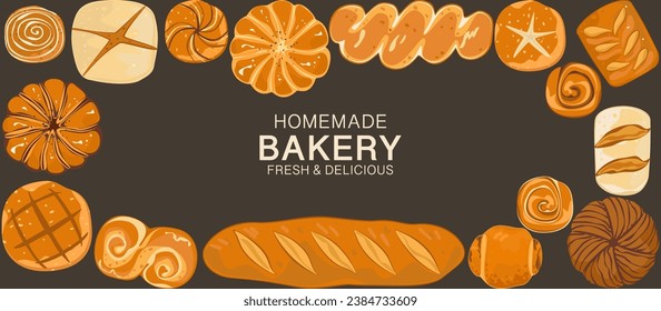 Ilustración vectorial vintage para una panadería o cafetería. Ilustración de pan y otros productos horneados, frescos y deliciosos. Para embalaje, etiquetas o signos. Arte gastronómico para carteles, volantes o menús. Lette