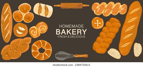 Ilustración vectorial vintage para una panadería o cafetería. Ilustración de pan y otros productos horneados, frescos y deliciosos. Para embalaje, etiquetas o signos. Arte gastronómico para carteles, volantes o menús. Lette