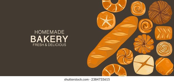 Ilustración vectorial vintage para una panadería o cafetería. Ilustración de pan y otros productos horneados, frescos y deliciosos. Para embalaje, etiquetas o signos. Arte gastronómico para carteles, volantes o menús. Lette