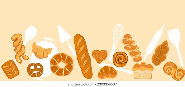 Ilustración vectorial vintage para hornear. Ilustración de galletas y otros productos horneados, frescos y deliciosos. Para embalaje, etiquetas o signos. Arte gastronómico para carteles, volantes o menús. Cartas.