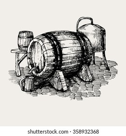 vintage vector illustration of barrel for beer of other alcoholic beverages with mug, table and other elements