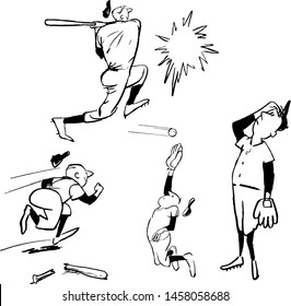 Vintage Vector Illustration of Baseball Characters Hitting the Ball Catching a Fly Ball Running the Bases - Broken Bat - American Baseball Sport