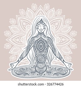 Vintage vector illustration with beautiful yoga girl.