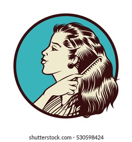 Vintage vector illustration of beauty woman combing her hair with a comb. Isolated artwork object. Suitable for any print and on-line media need.