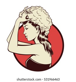 Vintage vector illustration of beauty woman taking a shower and shampooing her hair. Isolated artwork object. Suitable for any print and on-line media need.