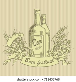 Vintage vector illustration of beer bottles with hop, barley, bezel and sausages. Hand drawn design element 