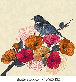 Vintage vector illustration of a bird with flowers in the garden. Abstract red and orange flowers and a bird on a branch in the garden on a beige background