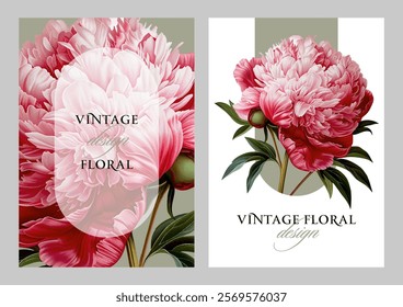 Vintage vector illustration with a blooming peony flower on a changeable background. Floral design template for wedding invitation, greeting card, notebook cover, flyer or certificate.