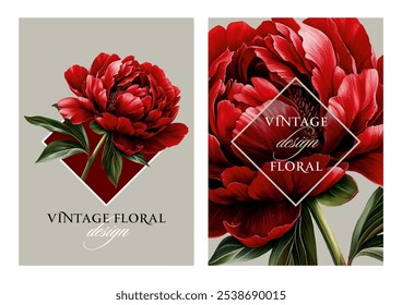 Vintage vector illustration with blooming red peony flower on a changeable background. Floral design template for wedding invitation, greeting card, notebook cover, flyer or certificate.