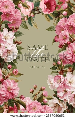 Vintage vector illustration with blooming sakura on a changeable background. Floral design template for wedding invitation or greeting card.