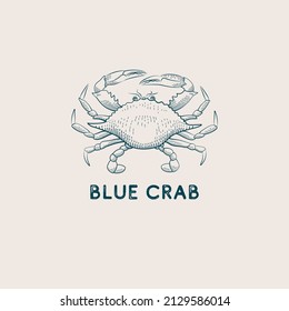 Vintage vector illustration with a blue crab and a title isolated on a light background.