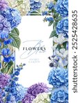 Vintage vector illustration with blue flowers on a changeable background. Floral design template for wedding invitation, greeting card, notebook cover, flyer or banner. 