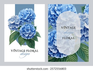 Vintage vector illustration with blue hydrangea flowers on a changeable background. Floral design template for wedding invitation, greeting card, notebook cover, flyer or certificate.
