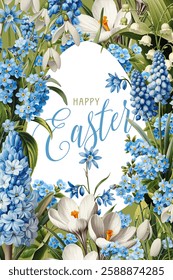 Vintage vector illustration with blue and white spring flowers on a changeable background. Floral design template for Easter greeting card.