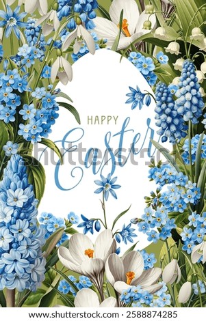 Vintage vector illustration with blue and white spring flowers on a changeable background. Floral design template for Easter greeting card.