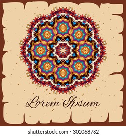 Vintage vector illustration in brown tones with hand drawn round elements on grunge background. Place for text. For web design, cards, booklets, brochures, covers.