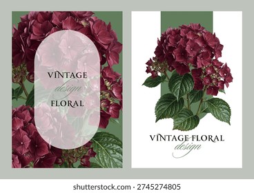 Vintage vector illustration with burgundy hydrangea flowers on a changeable background. Floral design template for wedding invitation, greeting card, notebook cover, flyer or certificate.